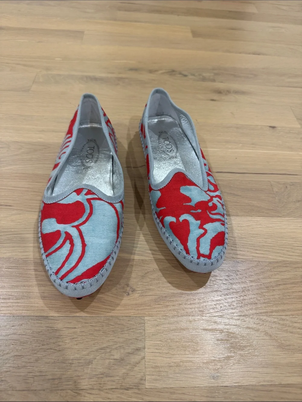 TOD'S Red and Light Blue Floral Espadrille Flats